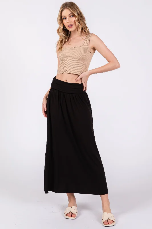 Black Fold-Over Maxi Skirt leather skirt sleek