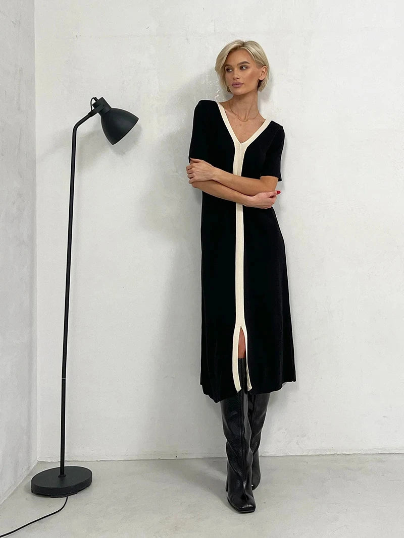 Ropa de Comoda Elegant Bodycon Short Sleeve Knit Dress Cowl Neckline Elegant