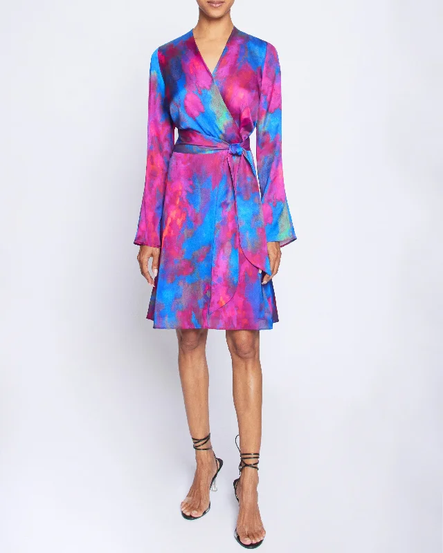 KAYDEN Long Sleeve Faux Wrap Fit and Flare Dress in Printed Charmeuse Tunics Cozy soft KAYDEN Long Sleeve Faux Wrap Fit and Flare Dress in Printed Charmeuse Tunics Cozy soft