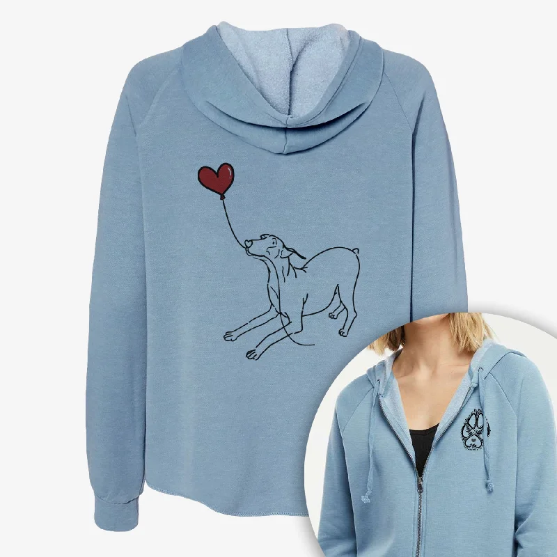 Doberman Pinscher Docked Heart String- Women's Cali Wave Zip-Up Sweatshirt Hoodie with Crew Neck Simple Timeless