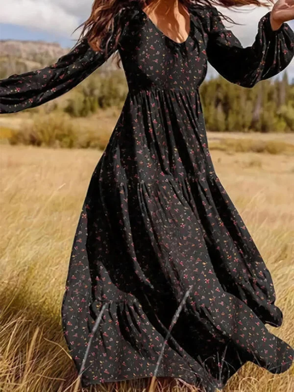Bohemian Vintage Printed V-neck Long Sleeve Casual Vacation Dress Tunic Top Casual
