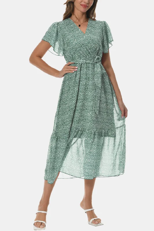 Surplice Neck Flutter Sleeve Tied Dress Tunics Trousers formal