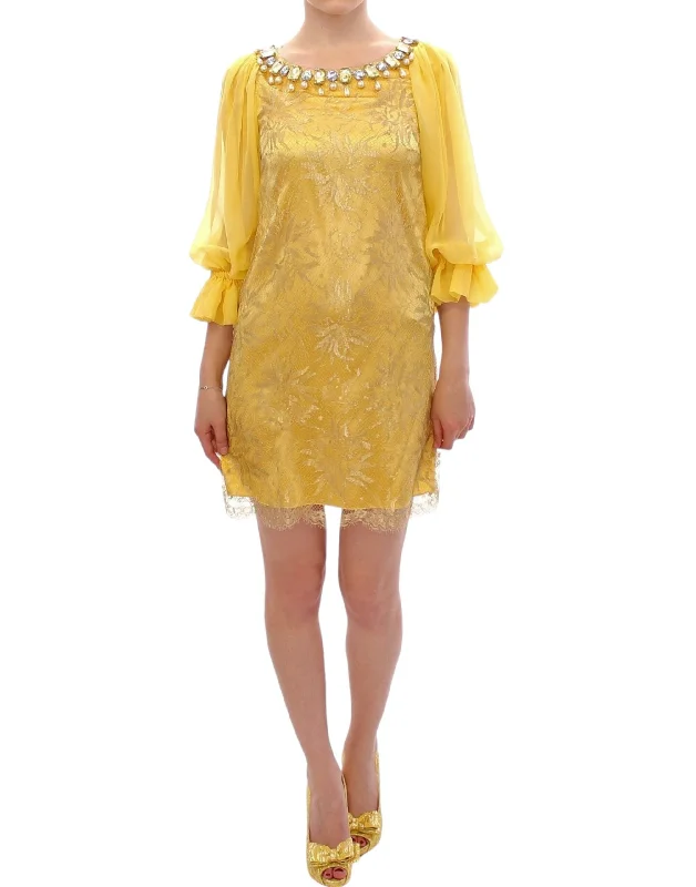 Dolce & Gabbana Yellow Lace Crystal Embellished Mini Women's Dress Tunics Ceremony elegant Dolce & Gabbana Yellow Lace Crystal Embellished Mini Women's Dress Tunics Ceremony elegant