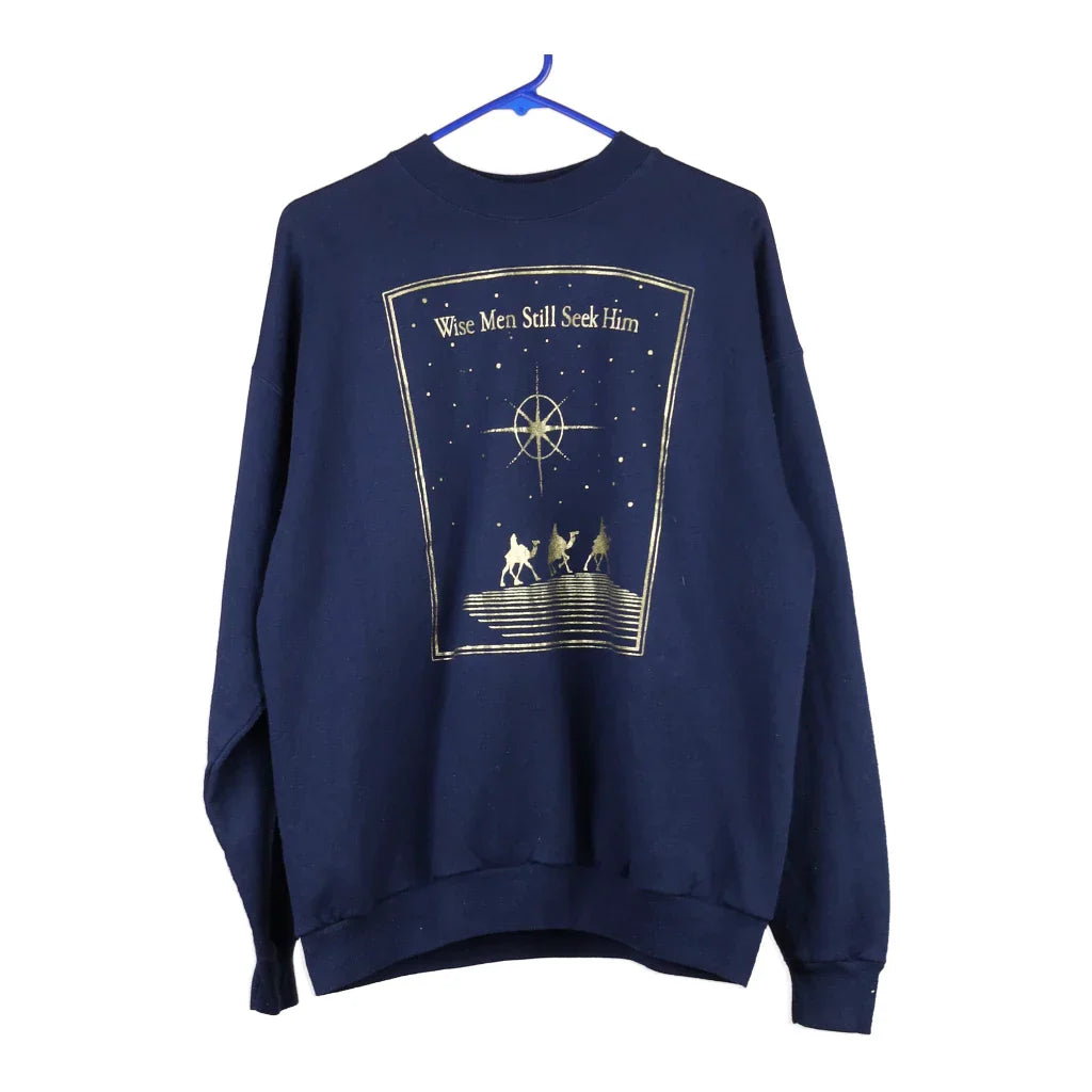 Hanes Christmas Sweatshirt - Large Navy Cotton Blend Hoodie Sweatshirt Pullover