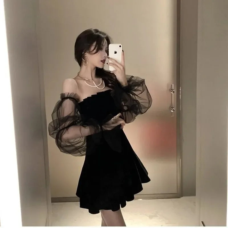 Black Retro Dress Women Lace Chiffon Mini High Street Sexy Women Club Tunics Handmade artisanal Black Retro Dress Women Lace Chiffon Mini High Street Sexy Women Club Tunics Handmade artisanal