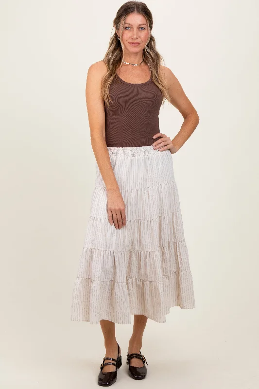 Ivory Striped Tiered Maxi Skirt corduroy skirt durable