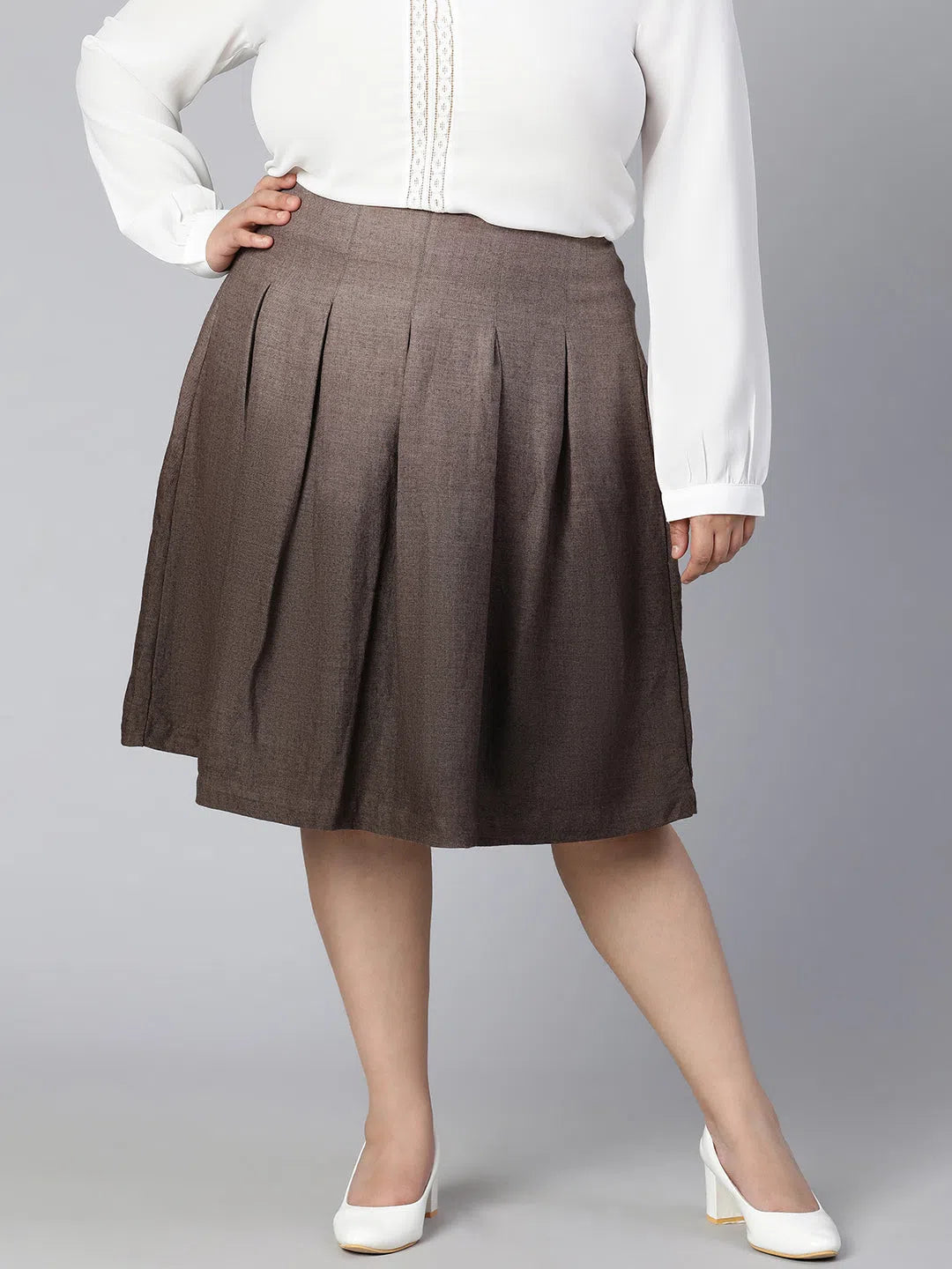 Bronzed solid pleated plus size women skirt flowy skirt hem