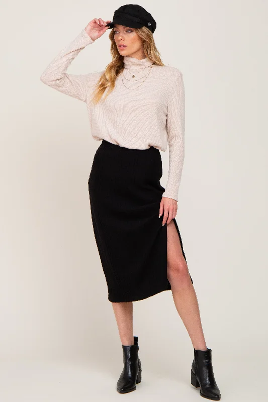 Black Soft Knit Ribbed Side Slit Midi Skirt zip skirt side