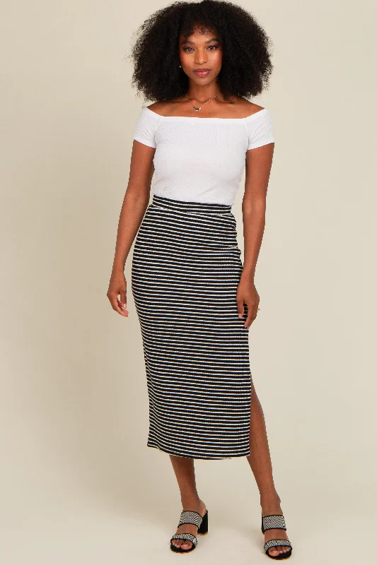 Black Striped Fitted Side Slit Midi Skirt denim skirt casual