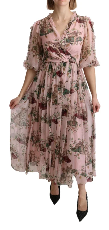 Dolce & Gabbana Elegant Pink Bengal Cat Print A-Line Maxi Women's Dress Tunic Top Casual