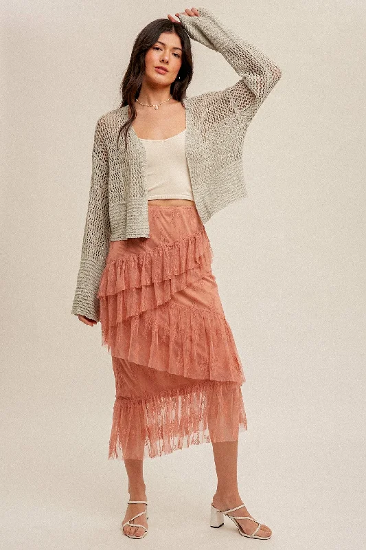 Rust Asymmetrical Tiered Lace Skirt cashmere skirt plush