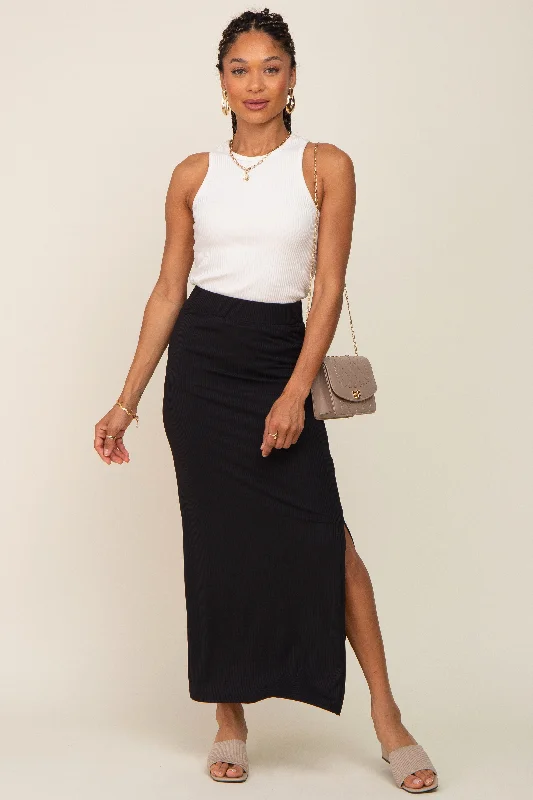 Black Ribbed Side Slit Midi Skirt lace skirt delicate