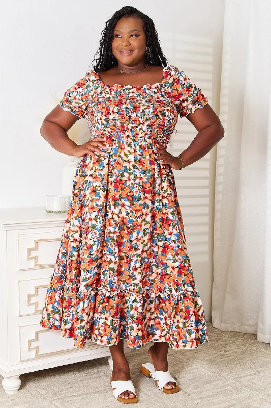 Plus Size Floral Smocked Square Neck Dress Tunics Trendy modern