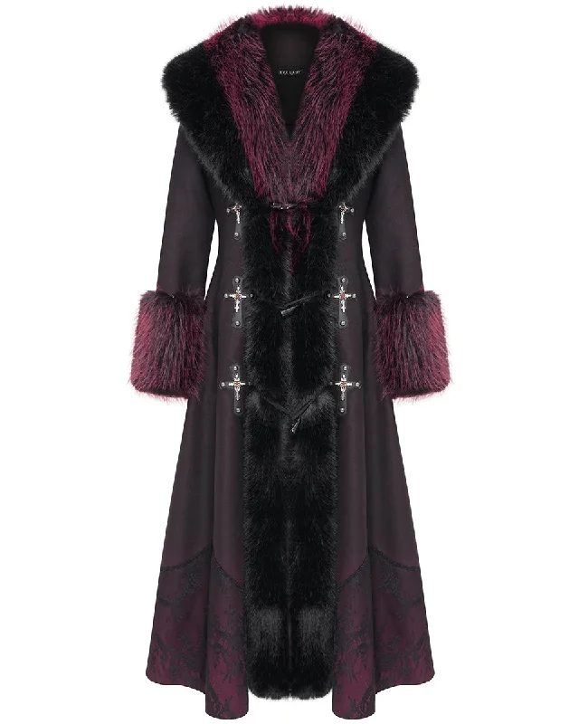 Eva Lady Womens Long Dark Gothic Lolita Winter Coat With Faux Fur Trim Collared Crew Neck Turtle Neck