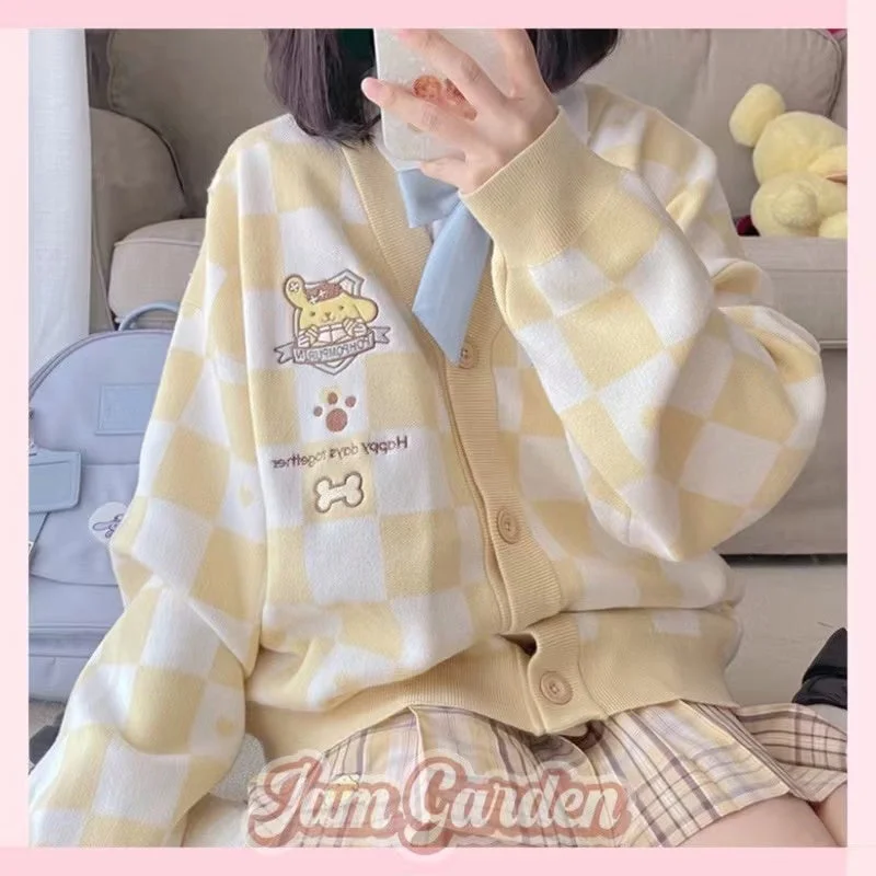 Sanrio Embroidery Autumn New Knitted Sweater Cardigan Plaid Cardigan Polka Dot Checkered