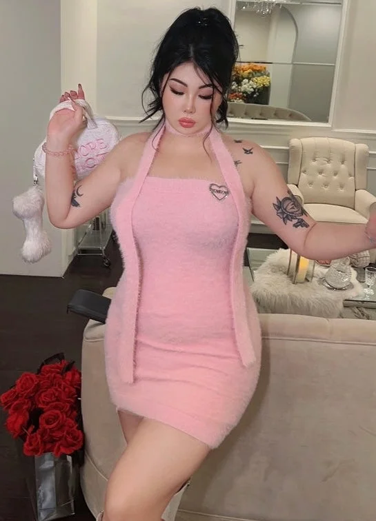 BONBON Solid Color Pink Sleeveless Fluff Ribbon Slim Mini Dress Stripe Sweater Cardigan Matching Set Collared Crew Neck Turtle Neck