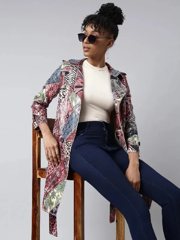 Women Abstract Longline Maroon Trench Coat-246-Maroon Blazer Duffle Coat Pea Coat