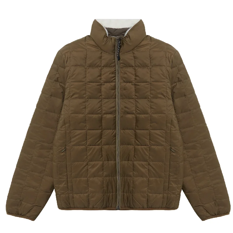 Taion Womens Down Boa Reversible Jacket Olive / Ivory Notch Collar Peter Pan Collar Cowl Neck