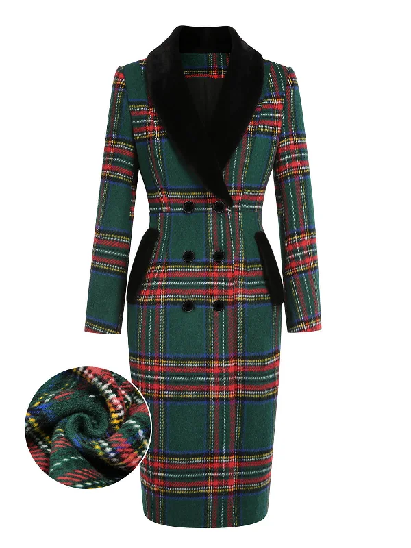 Green 1960s Plaid Fur Collar Pencil Coat Hook-and-Loop Buckled Tied