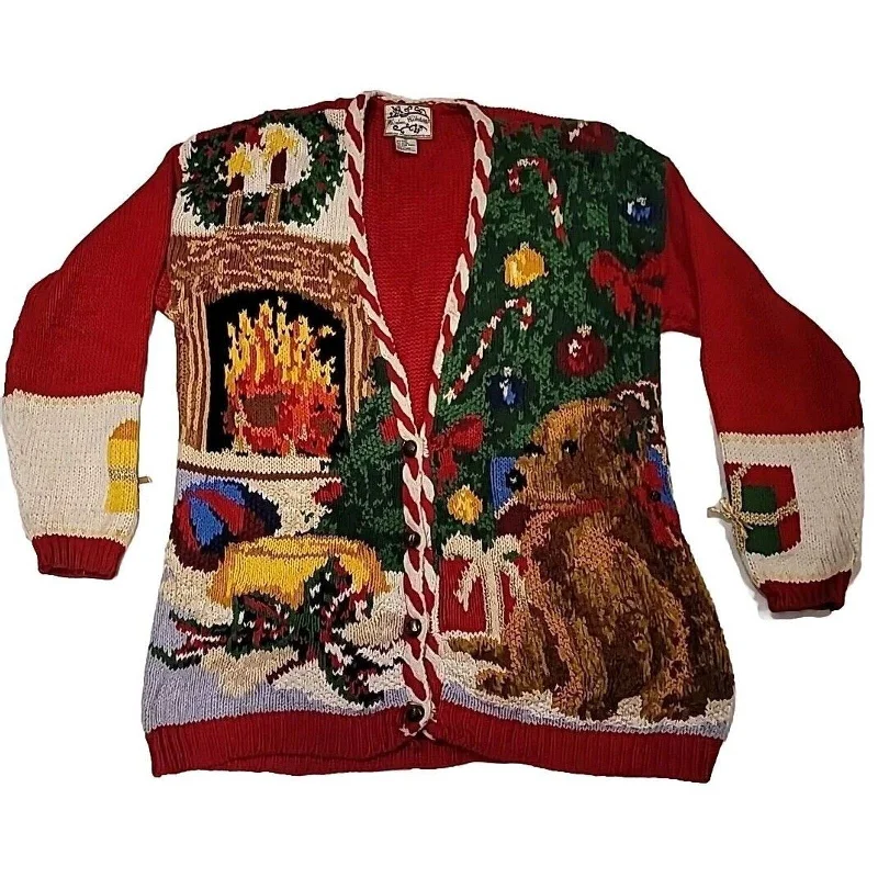 Vintage Heirloom Ugly Christmas Holiday Bell Dog Knit Sweater Cardigan Womens L Sequined Glittery Shiny Vintage Heirloom Ugly Christmas Holiday Bell Dog Knit Sweater Cardigan Womens L Sequined Glittery Shiny