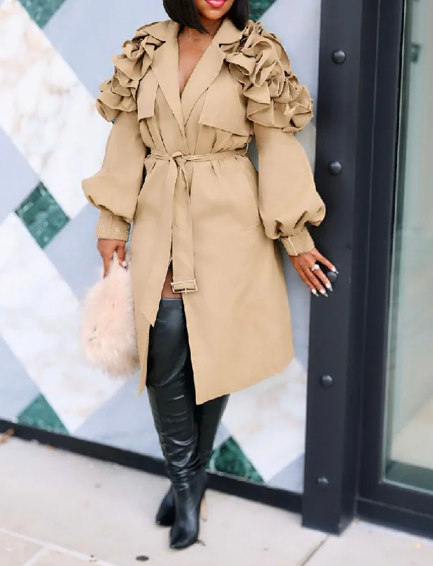 AJK6504P - RUFFLE SHOULDER TRENCH COAT Toggle Coat Shawl Collar Coat Notch Collar Coat