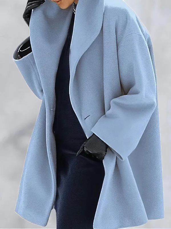 Loose Solid Button Hooded Woolen Coat Zip Front Button Front Snap Front