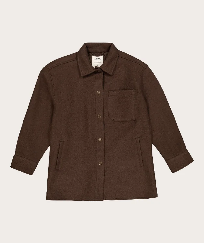 Ladies Melton Jacket - Chocolate Melange A-Line Jacket Boat Neck Shawl Collar