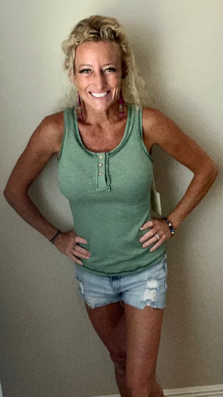 Women’s JoJo Henley Tank in Sage vintage tank top