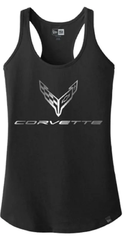 Ladies C8 Corvette Racerback Foil Tank - BLACK low neck tank