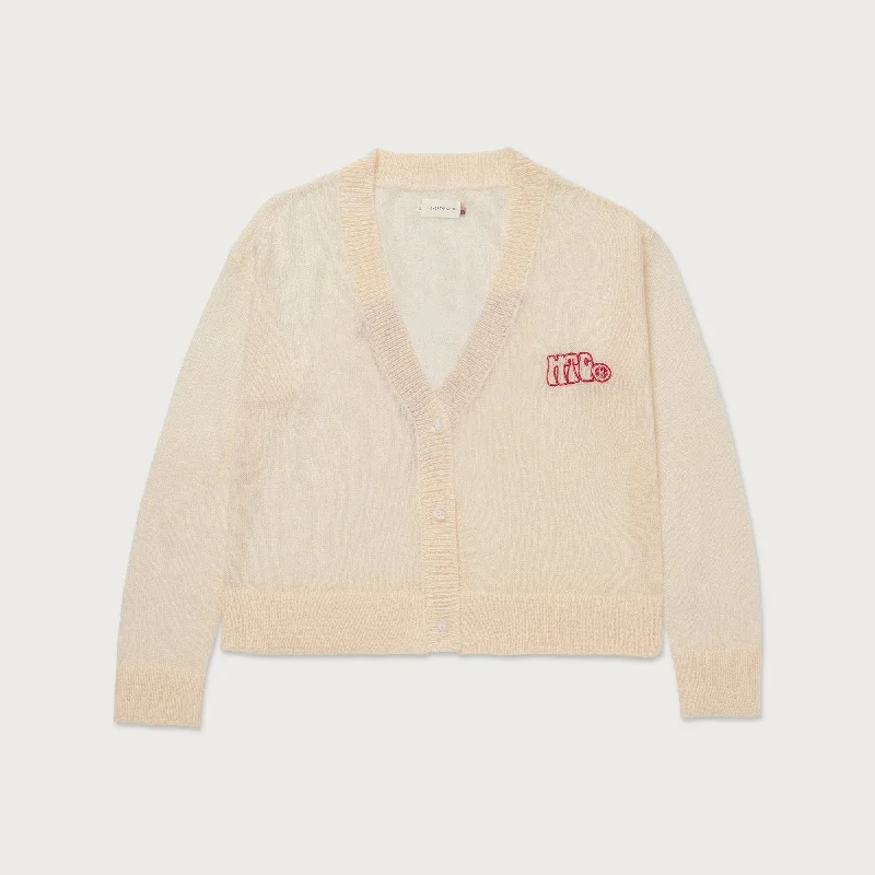 Womens Mohair Cardigan - Bone Houndstooth Herringbone Solid