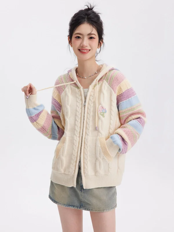Candy colored rainbow sleeve cable knit hoodie cardigan NTO0056 Solid Color Striped Floral Print Candy colored rainbow sleeve cable knit hoodie cardigan NTO0056 Solid Color Striped Floral Print