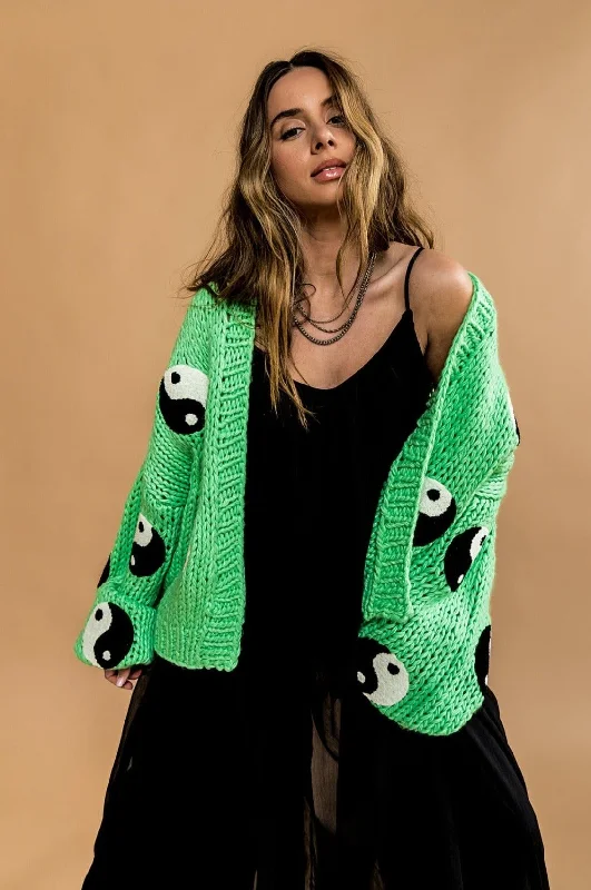 Visionary Hand Knit Yin and Yang Cardigan Neon metallic Matte