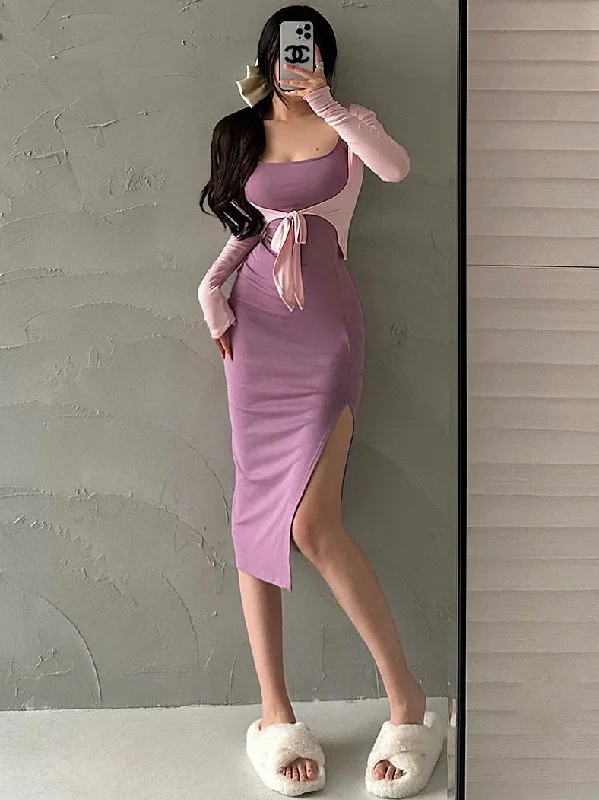 Jaine Solid Color Side Split Slim Long Sleeve Tight Wrap Dress Cardigan Set Sequined Glittery Shiny Jaine Solid Color Side Split Slim Long Sleeve Tight Wrap Dress Cardigan Set Sequined Glittery Shiny