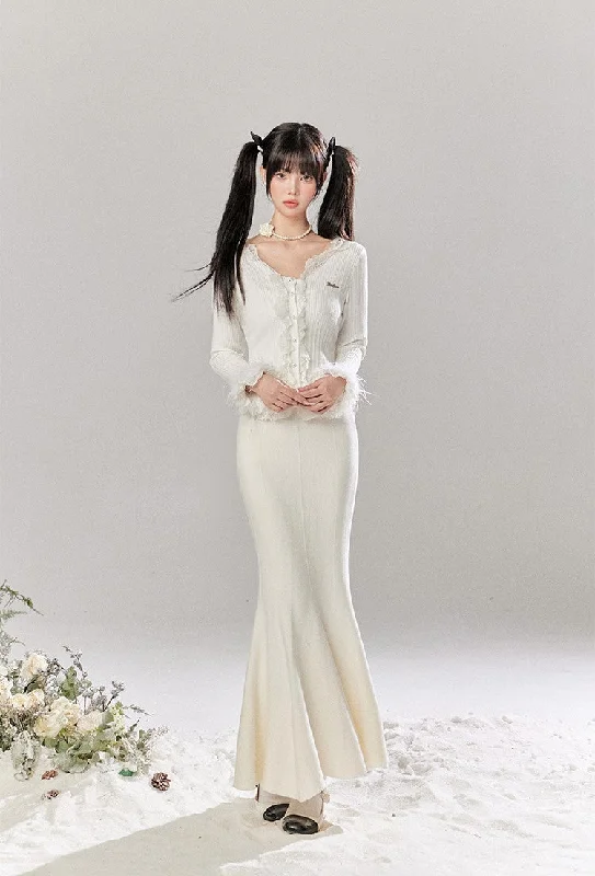 Ruffled Lace Cardigan/Slim Fit Fishtail Maxi Skirt TBI0039 Elegant Classic Vintage