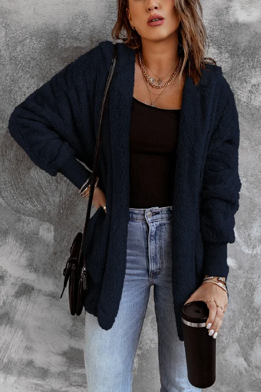 Blue Soft Fleece Hooded Open Front Coat Denim Leather Suede