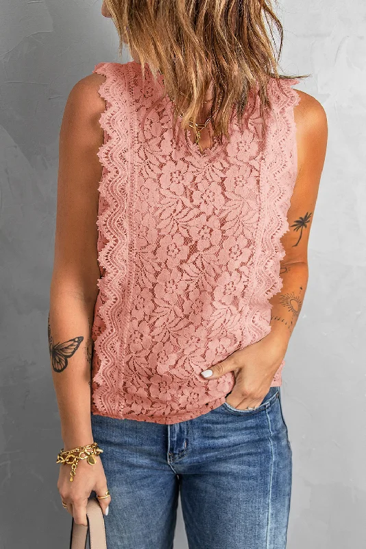 Women's Tank Tops Sleeveless Solid Casual Lace Tank Tops crew neck tank