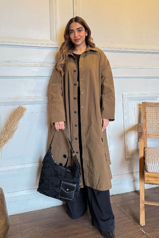 Brown Textured Eyelet Streetwear Trench Coat Solid Print Jacquard