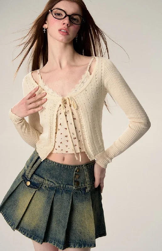 Striped Hollow Lace Long-sleeved Short Knitted Cardigan AFF0002 Thin Thick Dense