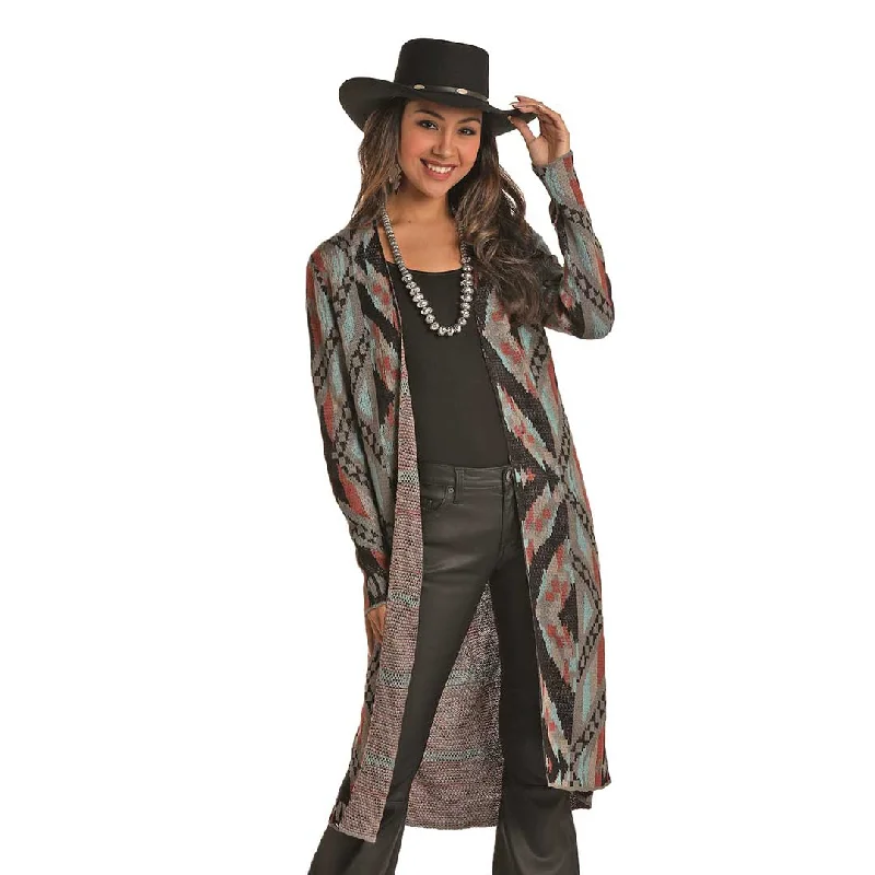 Rock & Roll Cowgirl Women's Aztec Print Cardigan Front Pockets Side Pockets Patch Pockets Rock & Roll Cowgirl Women's Aztec Print Cardigan Front Pockets Side Pockets Patch Pockets