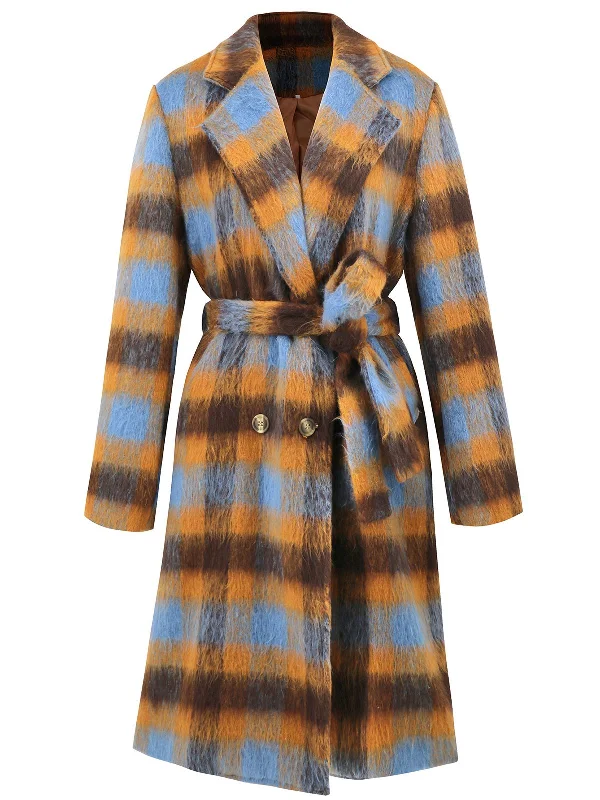 1950s Lapel Contrast Plaids Belted Coat Turtleneck Wrap Cape