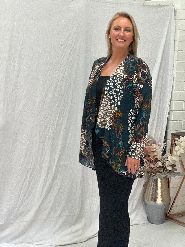 Oberon Dark Green Floral Jersey Cardigan Beaded Cardigan Sequined Faux Fur