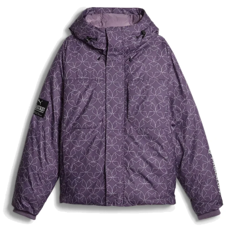 Puma Puma X Pleasures Womens Puffer Jacket Purple Charcoal A-Line Jacket Boat Neck Shawl Collar