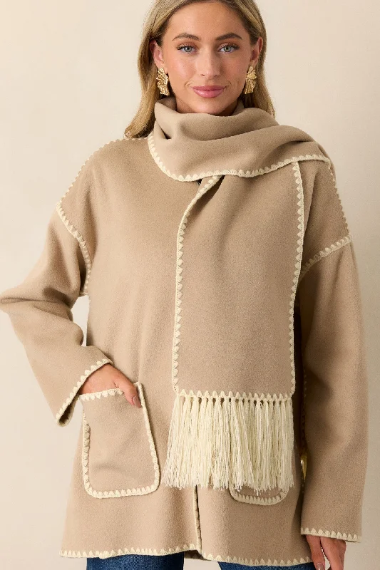 Coming Around Taupe Blanket Stitch Coat Houndstooth Coat Plaid Coat Tartan Coat