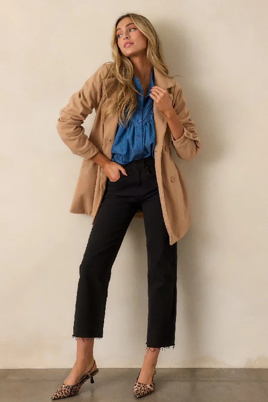 Everything I Need Camel Double-Breasted Coat Boat Shawl Notched