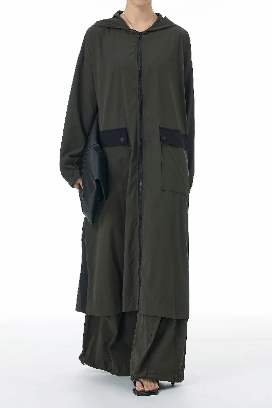 SnapHood Green Zippered Trench Coat Pleated Ruffled tiered