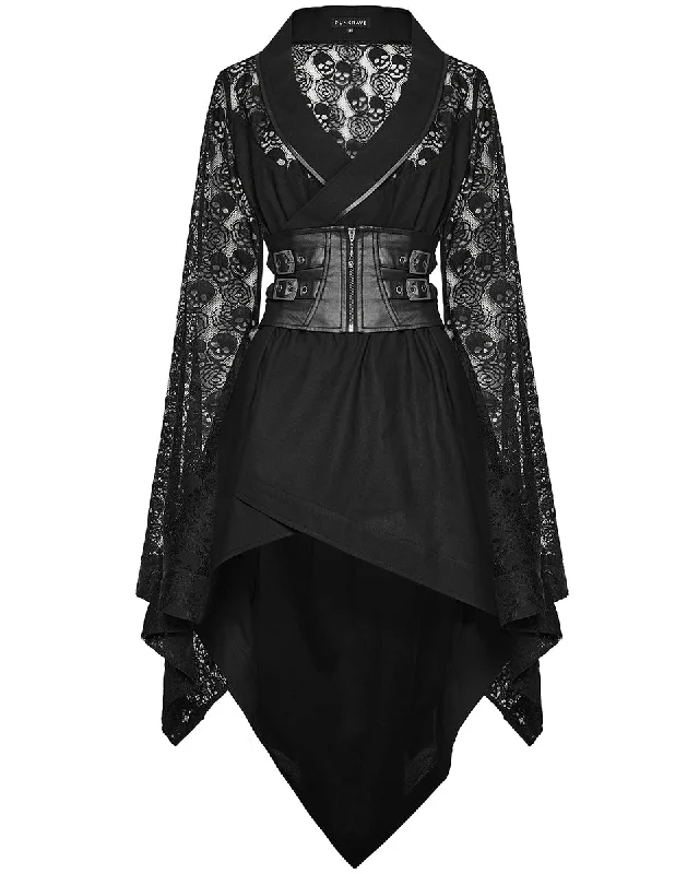Punk Rave Womens Dark Gothic Skull Lace Belted Kimono Dress Jacket Chenille Jacket Brocade Jacket Lace Jacket