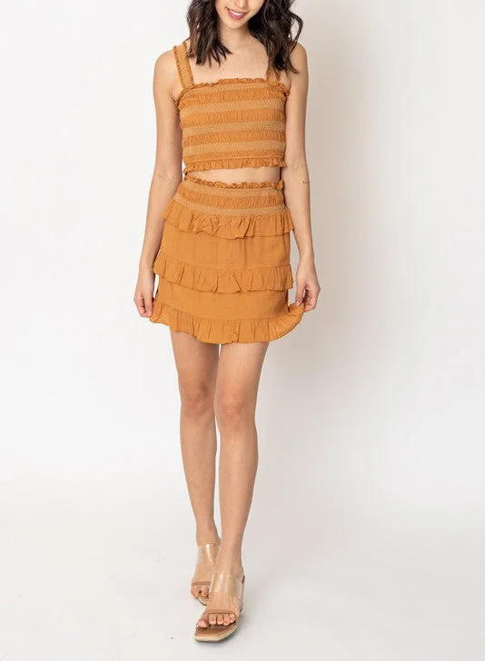 Ruffle It Up Shirred Cropped Tank And Skirt Set In Dusty Orange print tank top