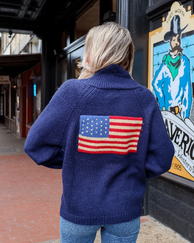 Pink Pineapple Varsity Flag Cardigan-Navy Mesh Blend Leather Blend Suede Blend