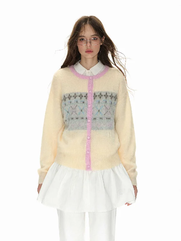 Lamb's wool blend cardigan with fair isle pattern NEC0121 Sequined Glittery Shiny