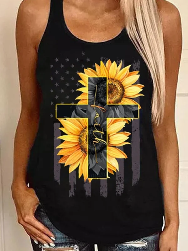 Sunflower Cross Print Round Neck Sleeveless Tank Tops mint tank top